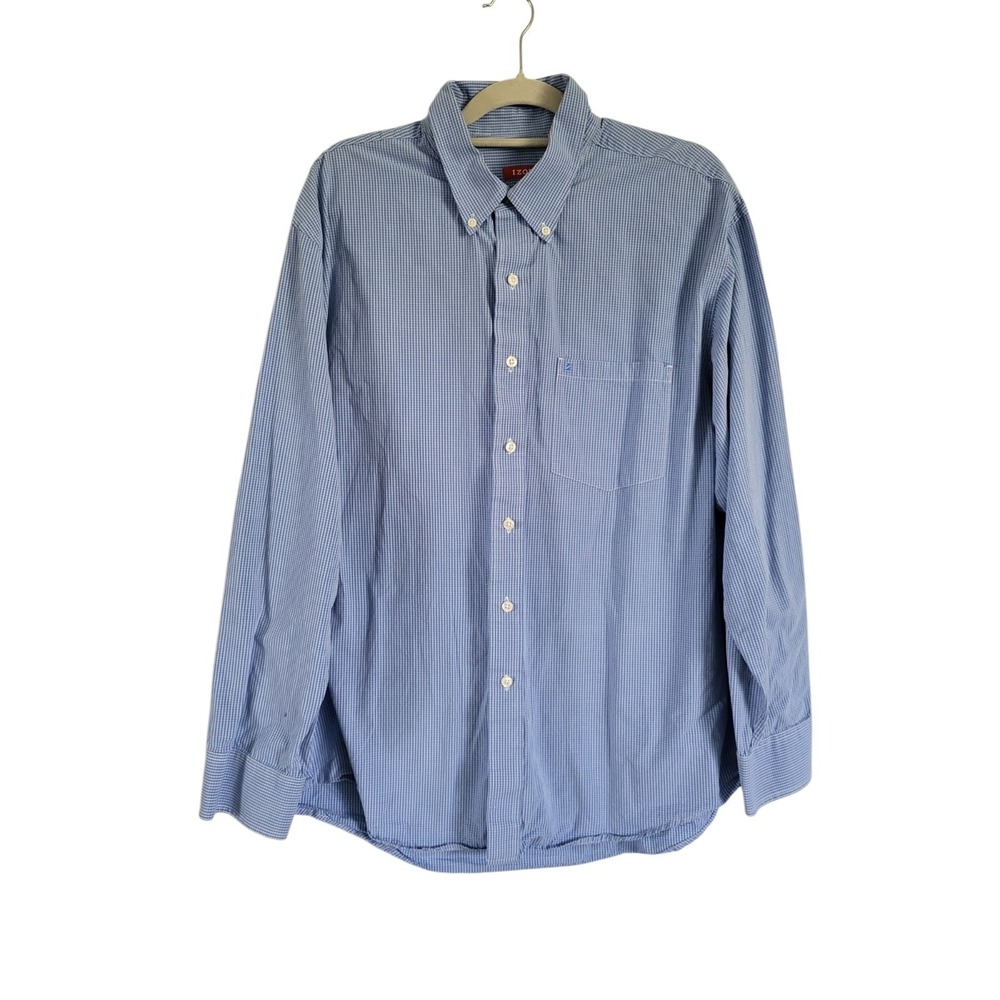 IZOD Dress Shirt Mens Size XL Light Blue Gingham Check Button Down‎